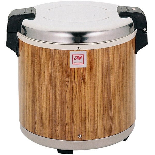 A wooden and silver electric rice warmer with a silver lid.