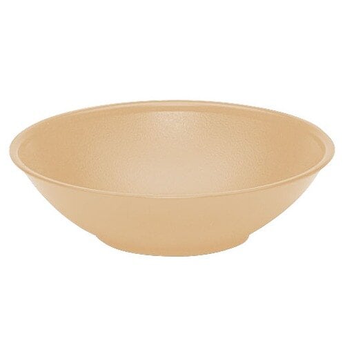 A beige Cambro salad bowl with a white background.