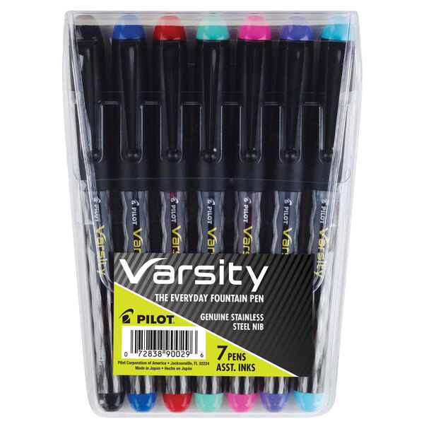 A clear plastic case of Pilot Varsity multicolored fountain pens.