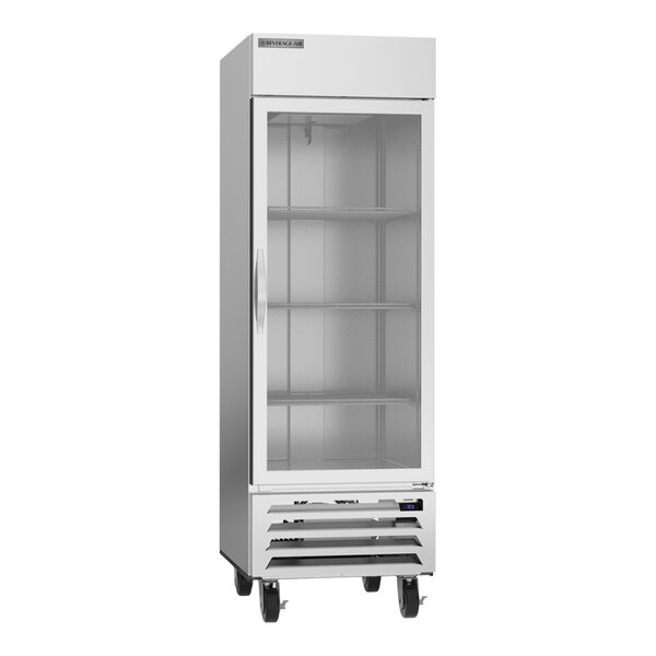 A white Beverage-Air reach-in freezer with glass doors.