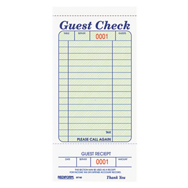 Rediform 5F740 1 Part Green and White Guest Check with Bottom Guest Receipt
