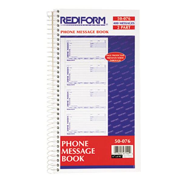 A close-up of a Rediform spiral bound phone message book.