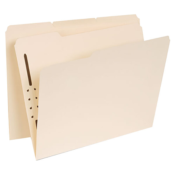 Universal UNV13410 Letter Size Fastener Folder with 1 Fastener - Reinforced 1/3 Cut Assorted Tab, Manila - 50/Box
