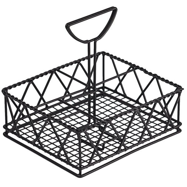 A black powder coated iron wire basket with 5 compartments and a braided design on a handle.