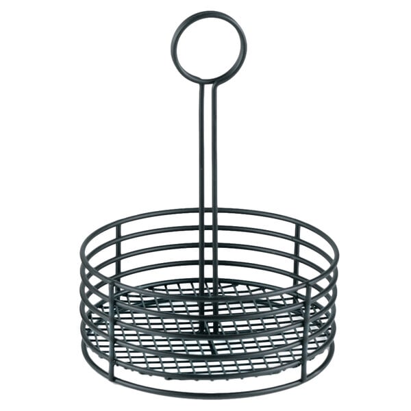 A black wire Clipper Mill by GET condiment caddy with a round bottom and a handle.