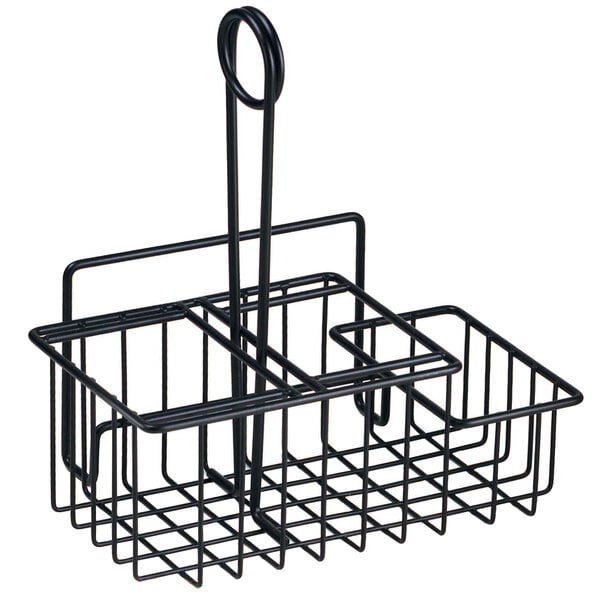 A black Clipper Mill wire condiment caddy with 3 compartments and a menu holder.