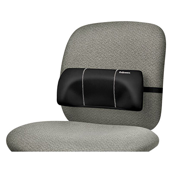 A black Lumbar back support cushion on a grey office chair.