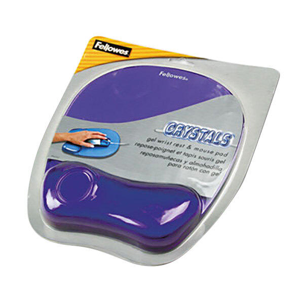 A package of purple Fellowes gel crystal mouse pads with wrist support.