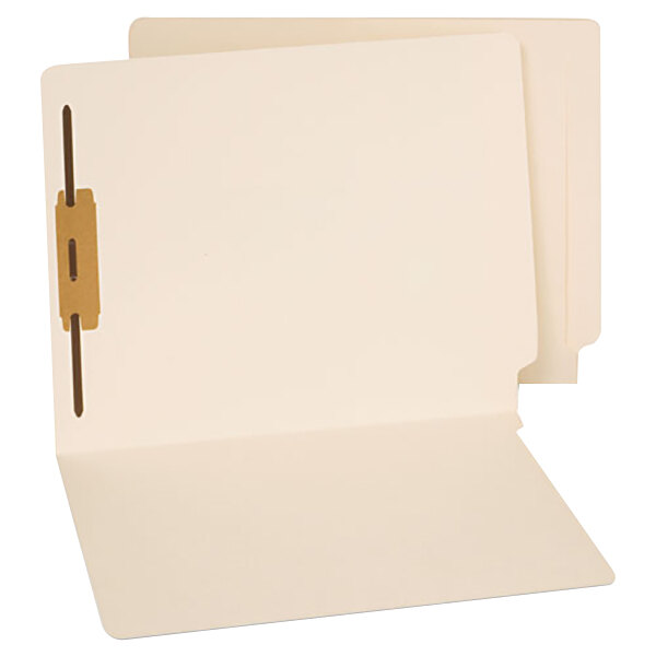 A Universal file folder with a brown tab and a fastener on white paper.
