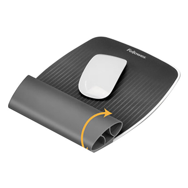 A Fellowes I-Spire gray wrist rocker mouse pad with a white mouse on it.