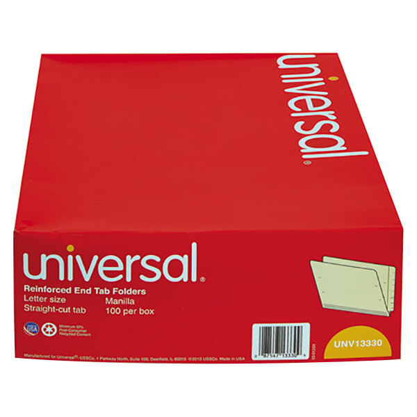 A red Universal file folder box with white text.