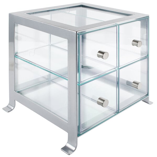 A Cal-Mil silver steel bread case with four drawers.