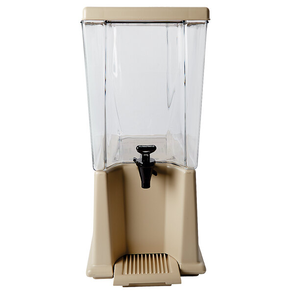 A Rubbermaid clear plastic beverage dispenser with a clear lid.