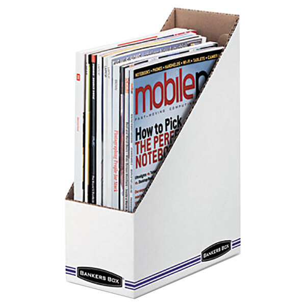 A white box with a Fellowes magazine file holding magazines.