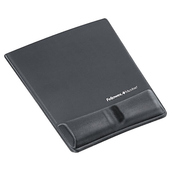 A Fellowes graphite mouse pad with wrist support and Microban protection.