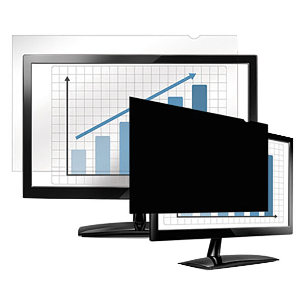 The screen of a computer monitor with a graph on it and a black Fellowes PrivaScreen monitor.