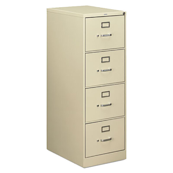 A HON putty metal four-drawer filing cabinet.