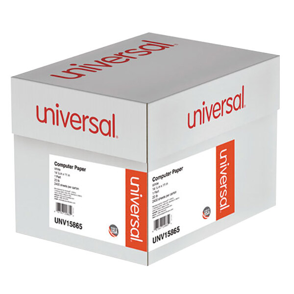 A white Universal case of 2400 sheets of perforated continuous print computer paper.