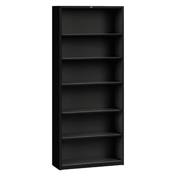A black HON metal bookcase with six shelves.