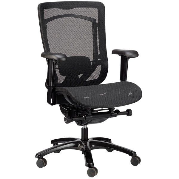 A Eurotech Seating black mesh office chair with armrests and wheels.