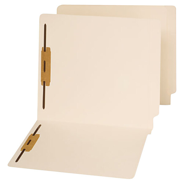 A pair of Universal manila file folders with metal fasteners and a brown end tab.