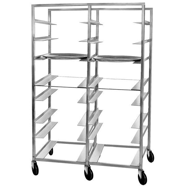 A Channel aluminum sheet pan rack with 16 shelves on wheels.