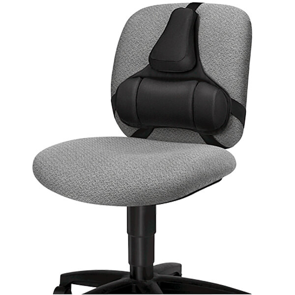 A grey office chair with a Fellowes black backrest strap.