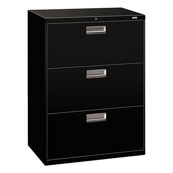 A black HON 3-drawer lateral file cabinet with silver handles.