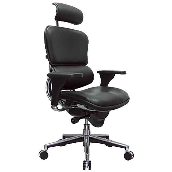 A Eurotech Seating Ergohuman black leather office chair with armrests and a chrome base.