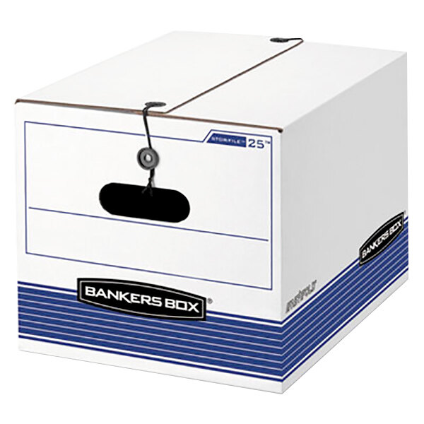 A white Fellowes Banker's Box with a black string and blue text.