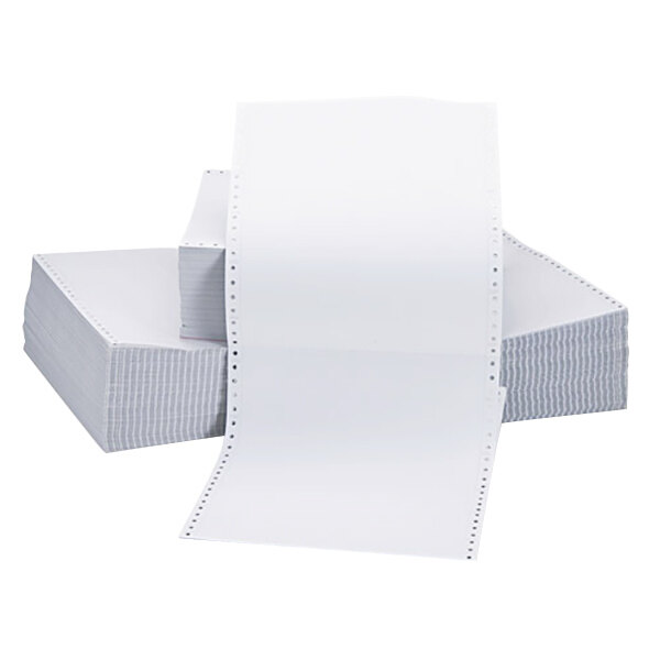 A stack of white Universal 2 part perforated continuous print computer paper.