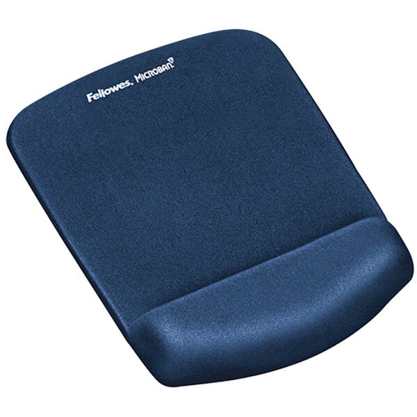 A Fellowes blue foam mouse pad with a wrist rest.