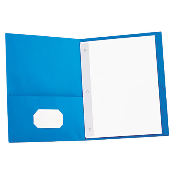 A light blue Universal paper pocket folder with a white sheet of paper inside.