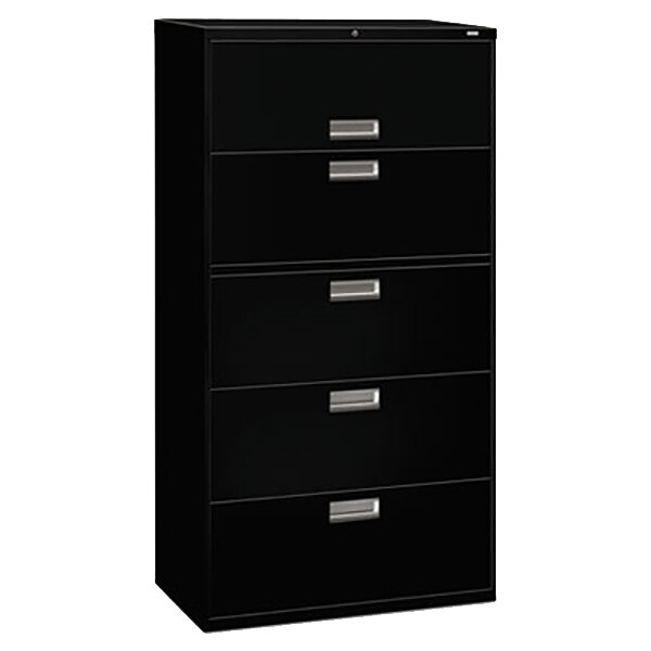 A black HON Five-Drawer Metal Lateral File Cabinet with silver handles.