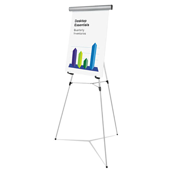 A silver Universal heavy-duty presentation easel holding a white board with a business graph on it.