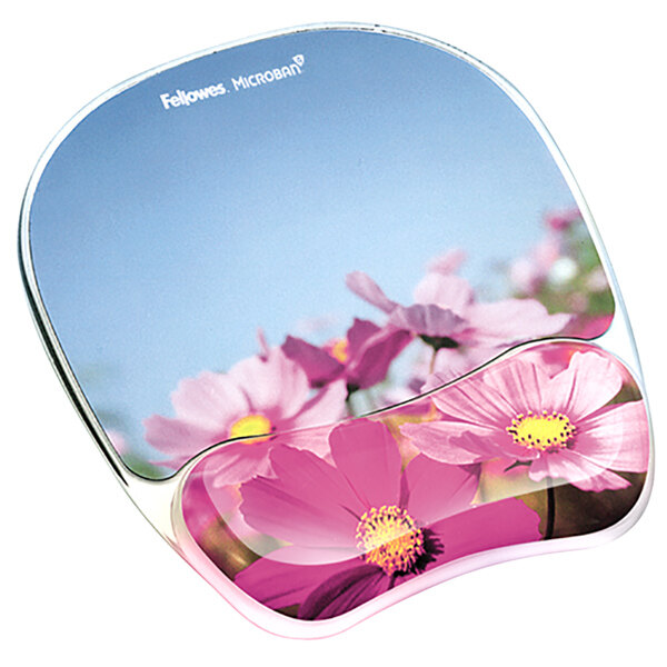 A Fellowes pink flower gel mouse pad with wrist support.