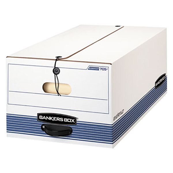 A white file storage box with a blue stripe and a black plastic handle.