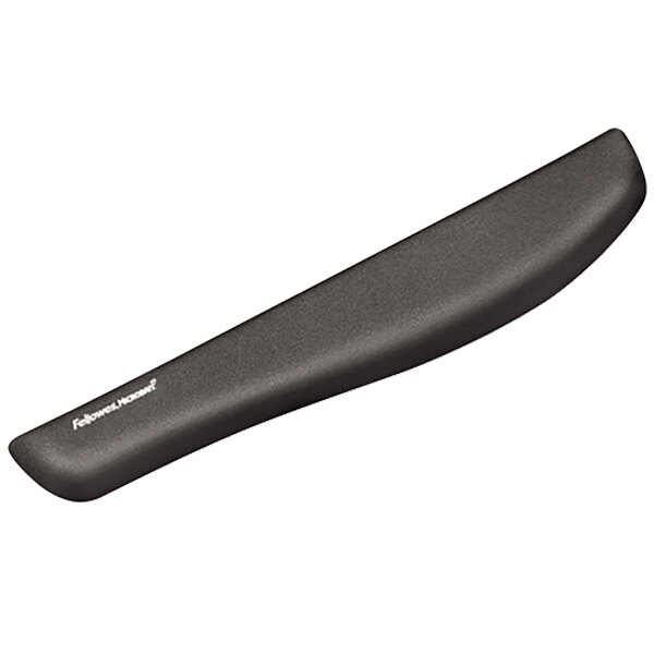 A black Fellowes PlushTouch wrist rest with white text on the packaging.