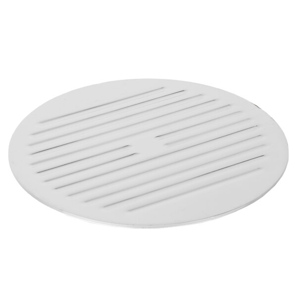 A white round Avantco slicer blade cover with lines on it.