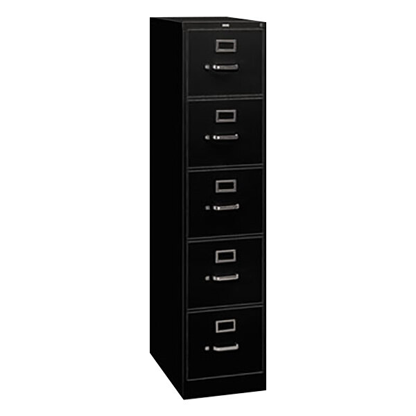 A black HON five-drawer full-suspension file cabinet.