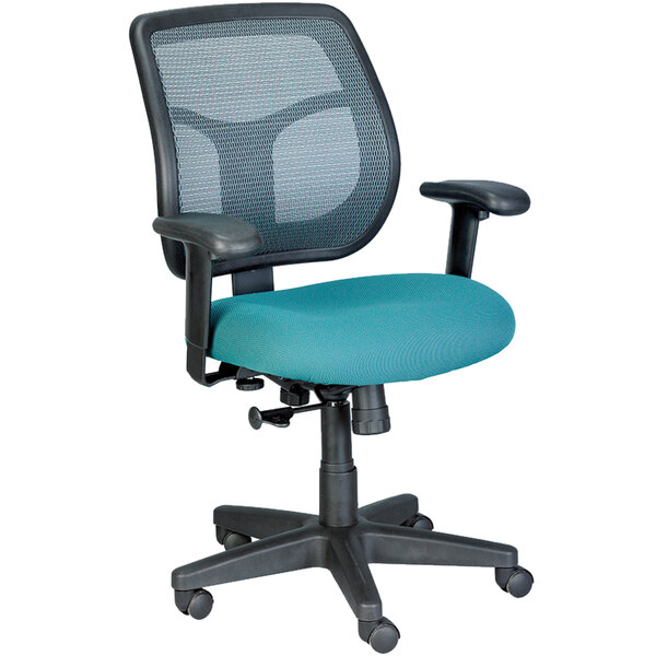 An office chair with a teal seat and back on a black frame.