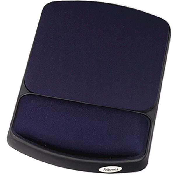A black mouse pad with a blue gel wrist rest.