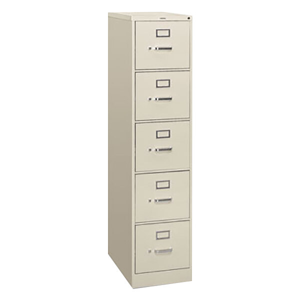 A light gray HON five-drawer letter filing cabinet.
