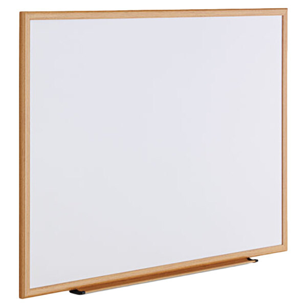 Universal UNV43618 48" x 36" White Melamine DryErase Board with Oak Frame