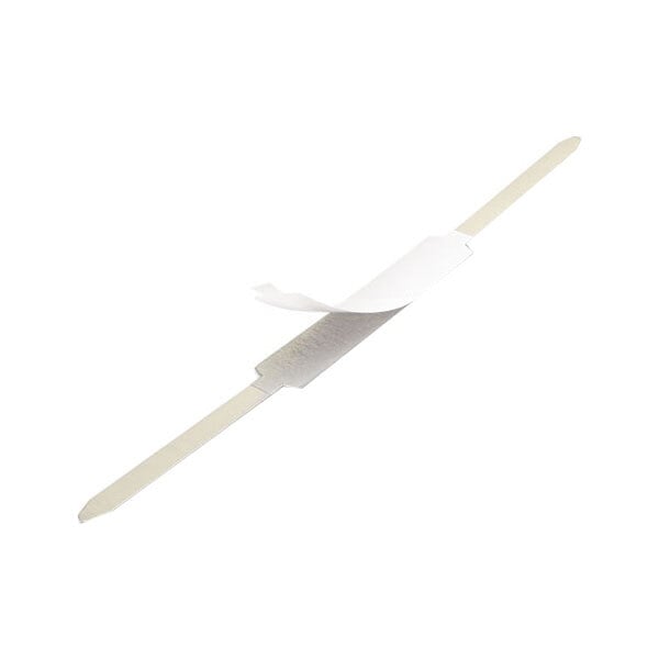 A white paper strip with Universal self-adhesive paper fasteners on a white paper.