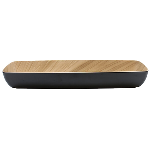 A rectangular black and bamboo Tablecraft melamine bowl.