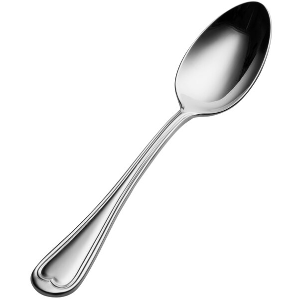A Bon Chef stainless steel soup/dessert spoon with a silver handle and spoon.
