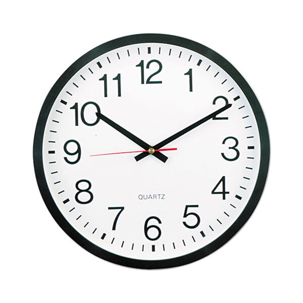 A Universal black wall clock with black hands and a white face.
