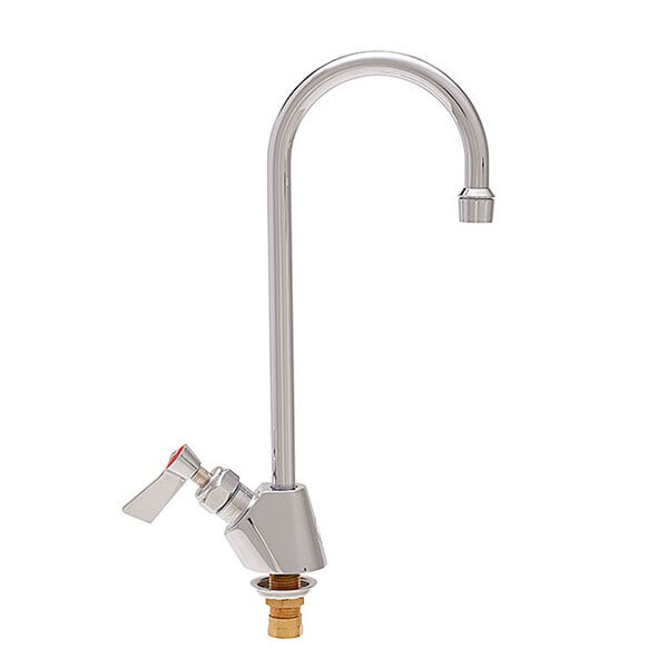 A chrome Fisher deck-mounted faucet with a lever handle and metal gooseneck spout.