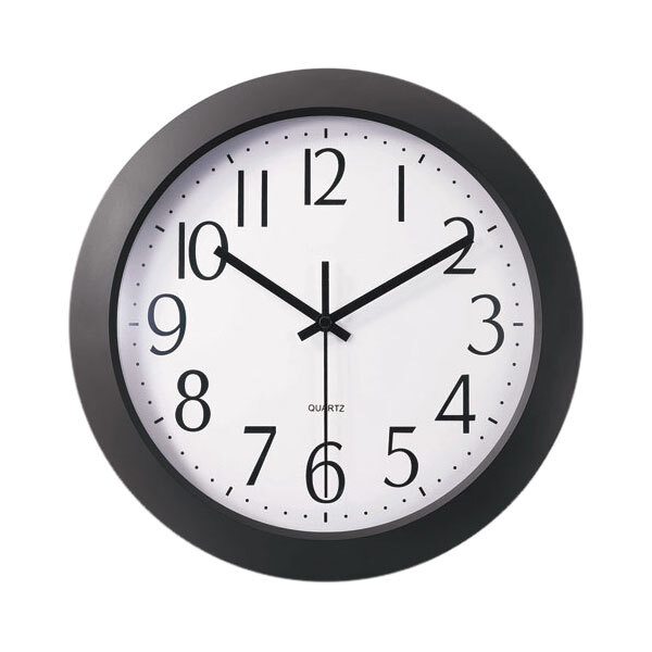 A Universal black clock with black numbers on a white face.